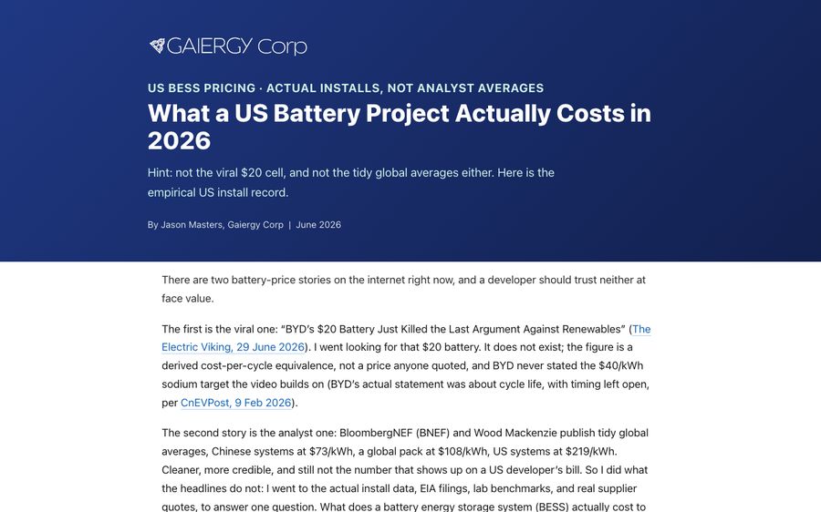 Analysis of United States battery project costs in 2026