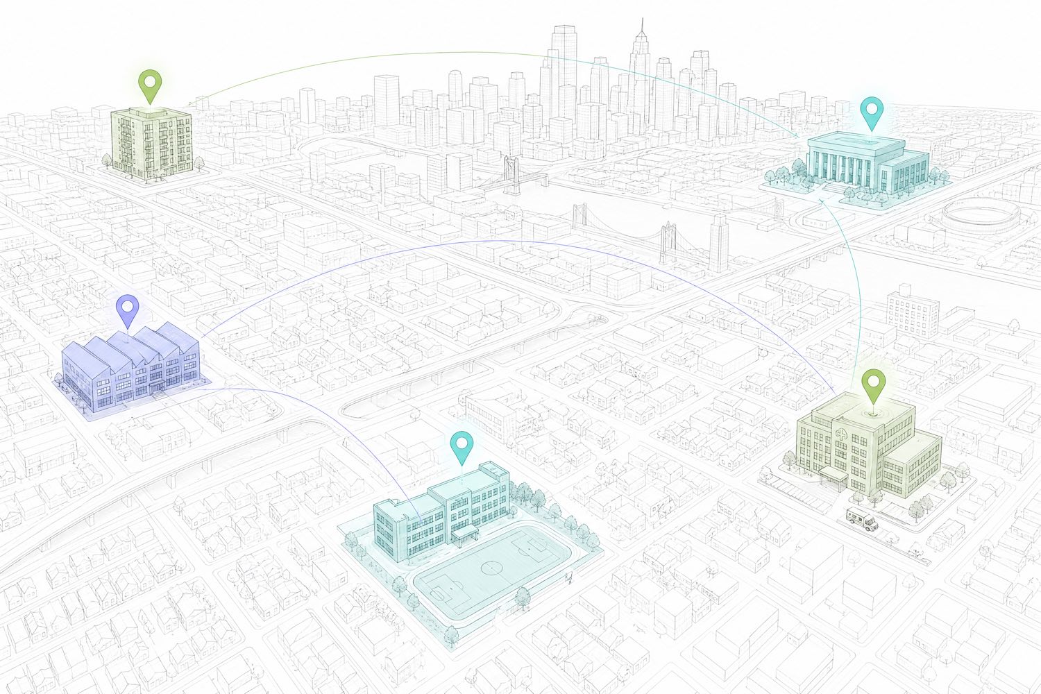 Minimalist wireframe aerial illustration of a city where five widely scattered buildings are picked out in pale sage, cyan and indigo tints, each with a coloured map pin and glow halo, connected by thin arcing lines, while the surrounding city remains uniform white wireframe