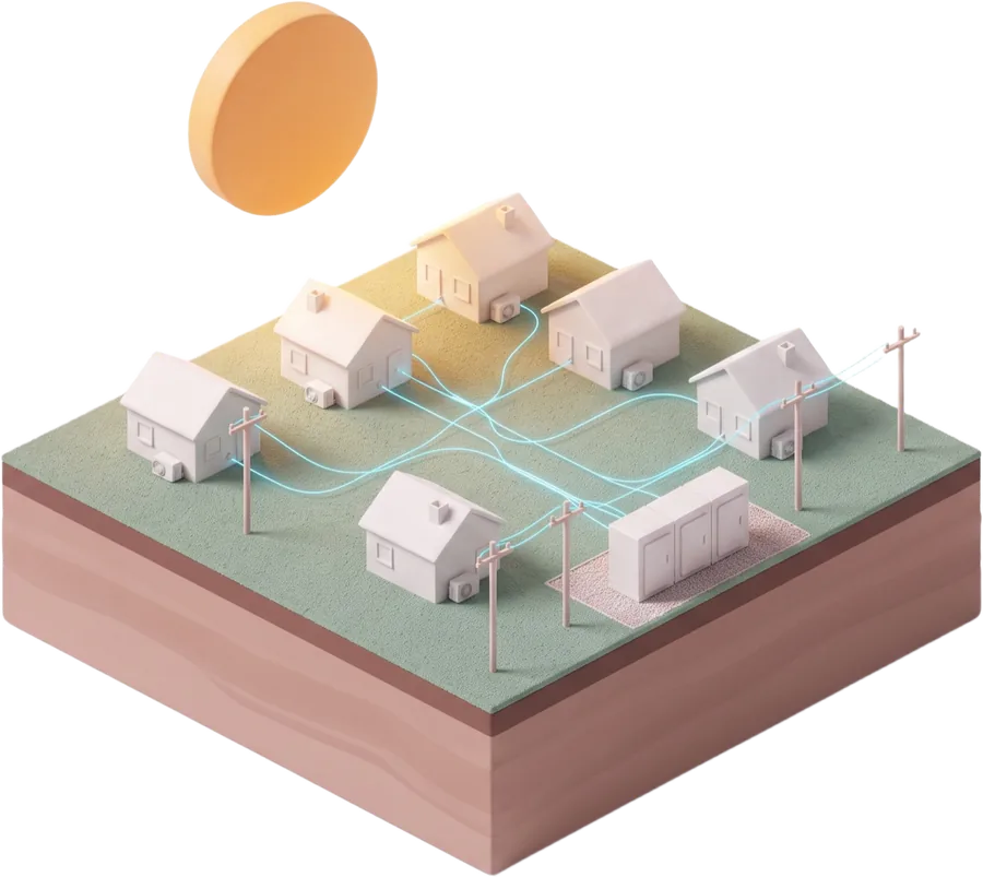 Hot afternoon neighborhood with a sun and a battery feeding homes