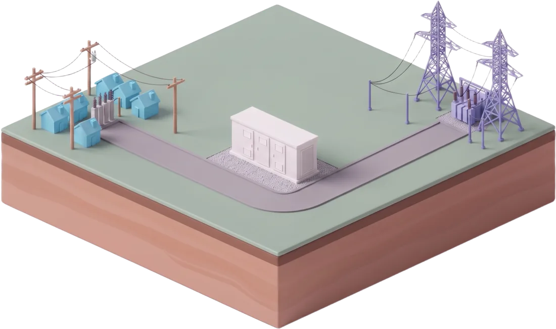A battery beside a road that splits: left to houses and a local substation, right to transmission towers