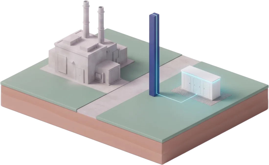 A faded gas peaker plant next to a glowing battery with a tall indigo pillar