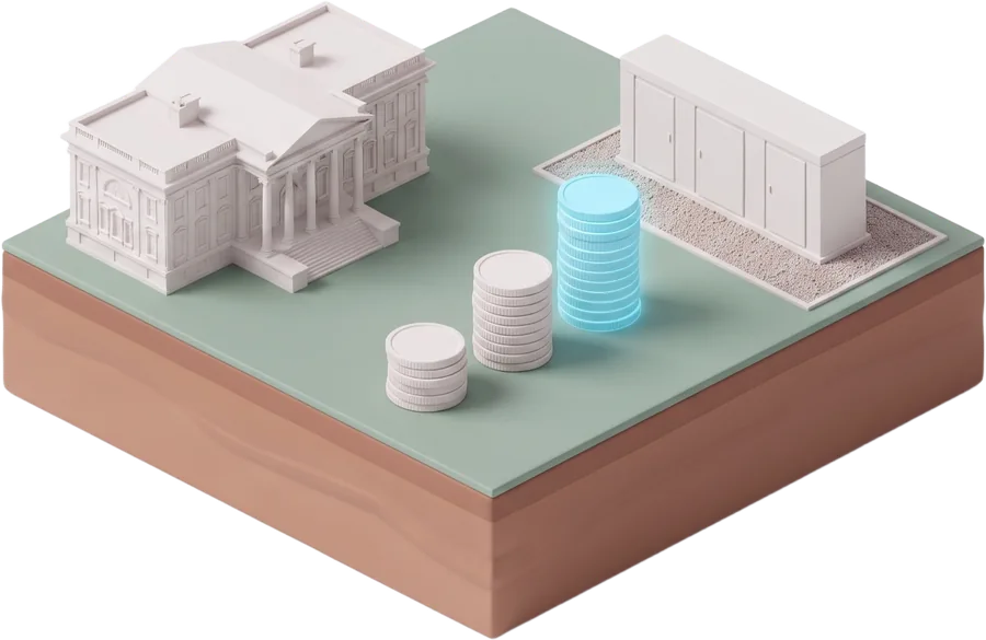 Federal building with coin stacks and a battery