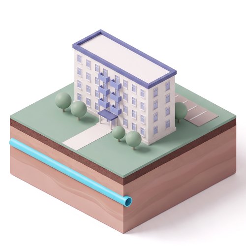 Emblem: a five-story apartment building with balconies, on a soil slab with the shared heat pipe below ground.