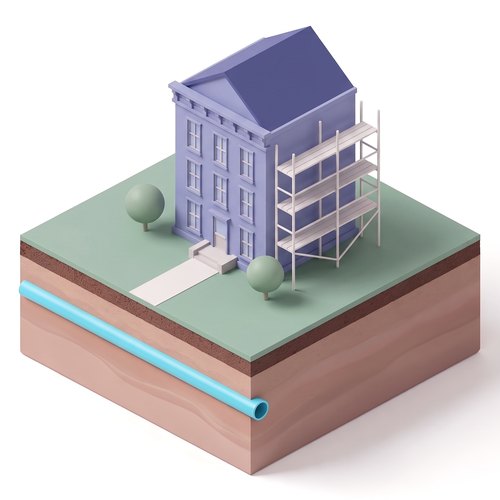 Emblem: an older three-story building with scaffolding on one side, on a soil slab with the shared heat pipe below ground.