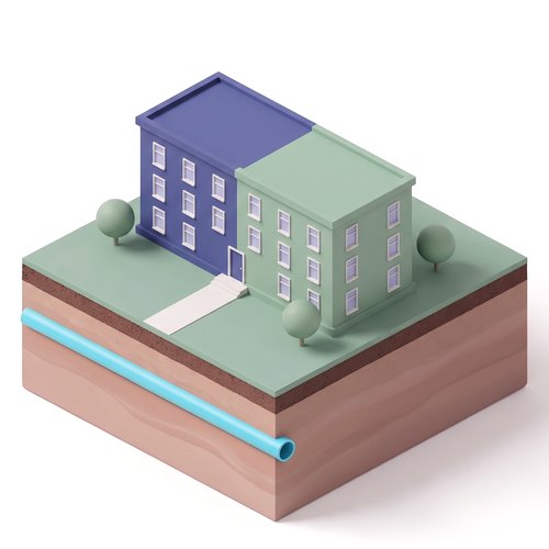 Emblem: one building split down the middle in indigo and sage, on a soil slab with one continuous heat pipe below ground.