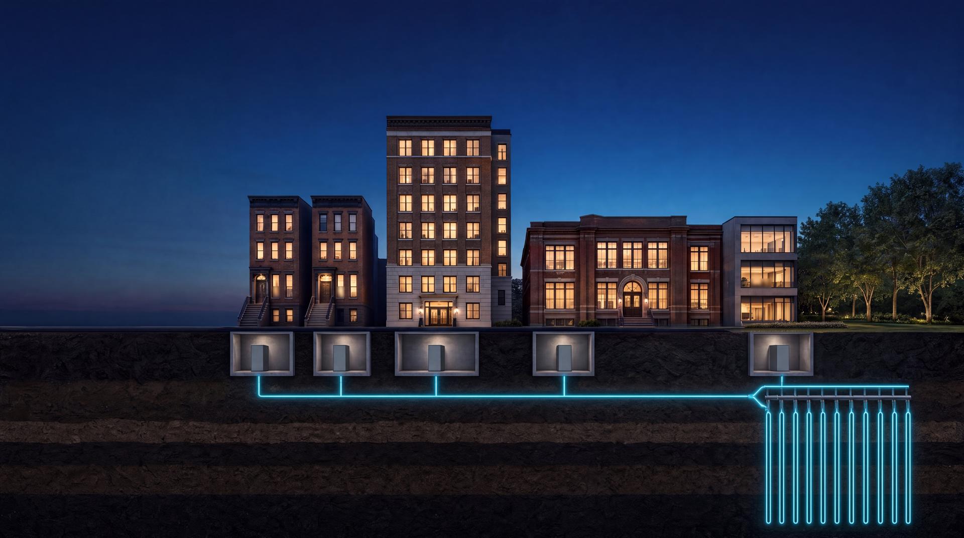 A city block at dusk, cut open below the street. Five buildings with different owners each have a heat pump in their own basement. One straight shared pipe below ground links every basement to a field of wells deep under a small park.
