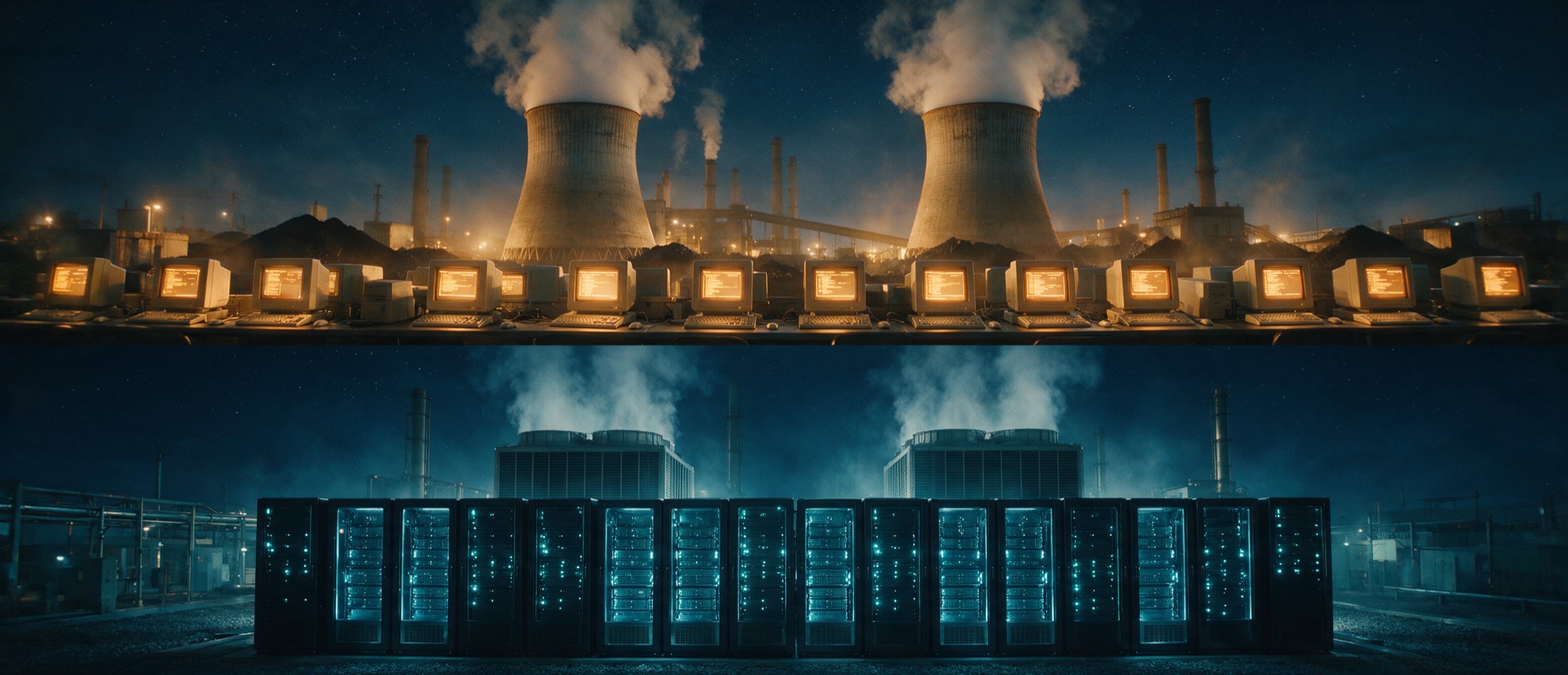 The same scene twice: above, 1999 coal cooling towers behind a row of glowing beige CRT terminals; below, the identical composition in 2026 with data-hall cooling units behind a row of cyan-lit server racks.