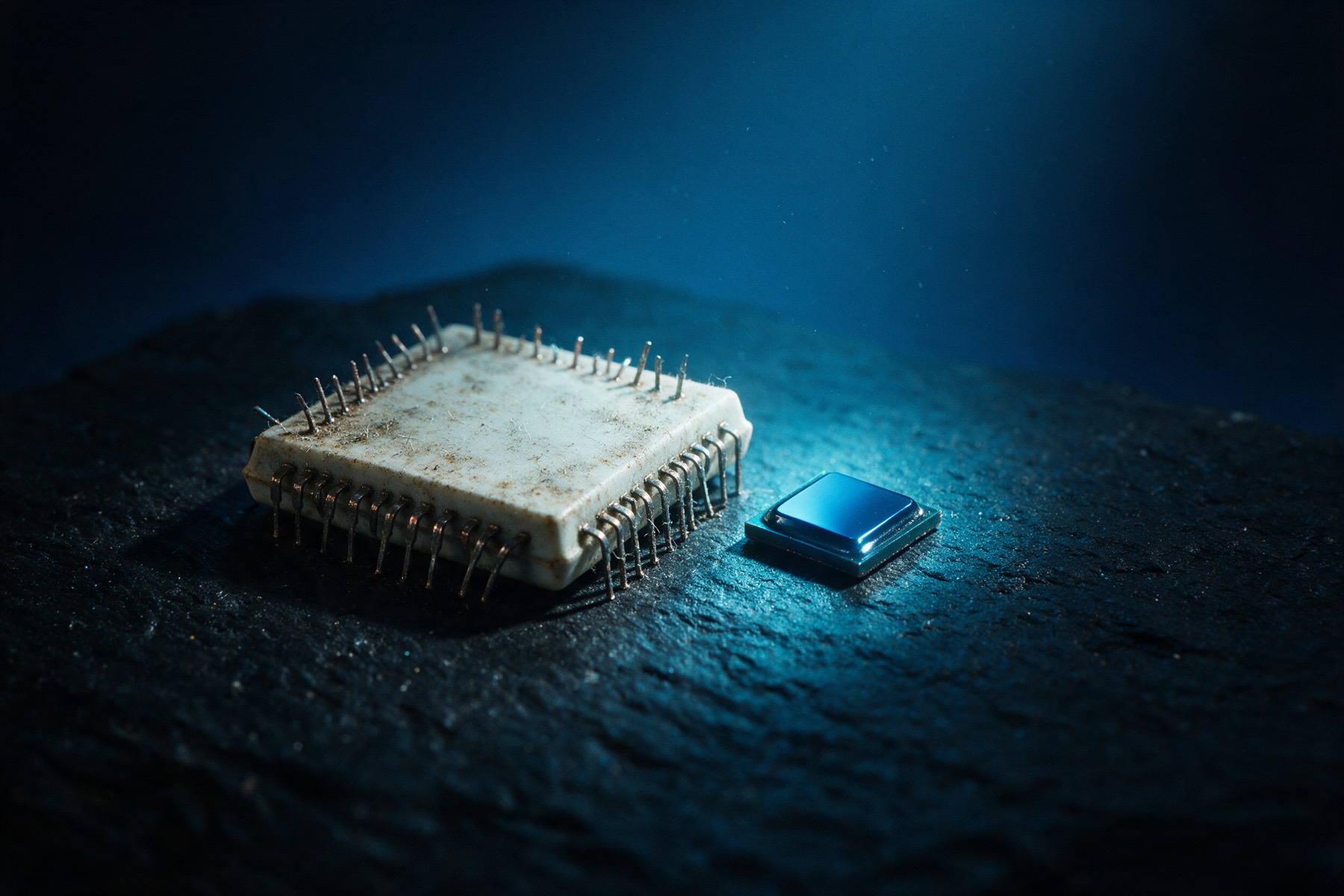 A large dusty 1990s ceramic processor beside a tiny modern chip package on a dark slate surface.